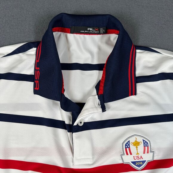 Ralph Lauren RLX Mens L White Stripe Ryder Cup USA 2016 Logo Golf Polo Shirt - Picture 4 of 12